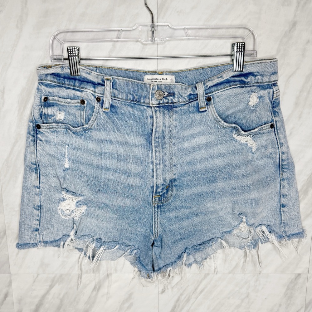 Abercrombie & Fitch The Mom Short Hugh Rise Blue Jean Shorts Raw Hem 31/12